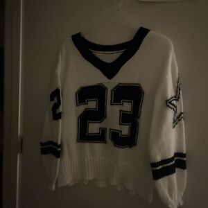 Women's White and Black V-Neck Jersey number 23 Sweater